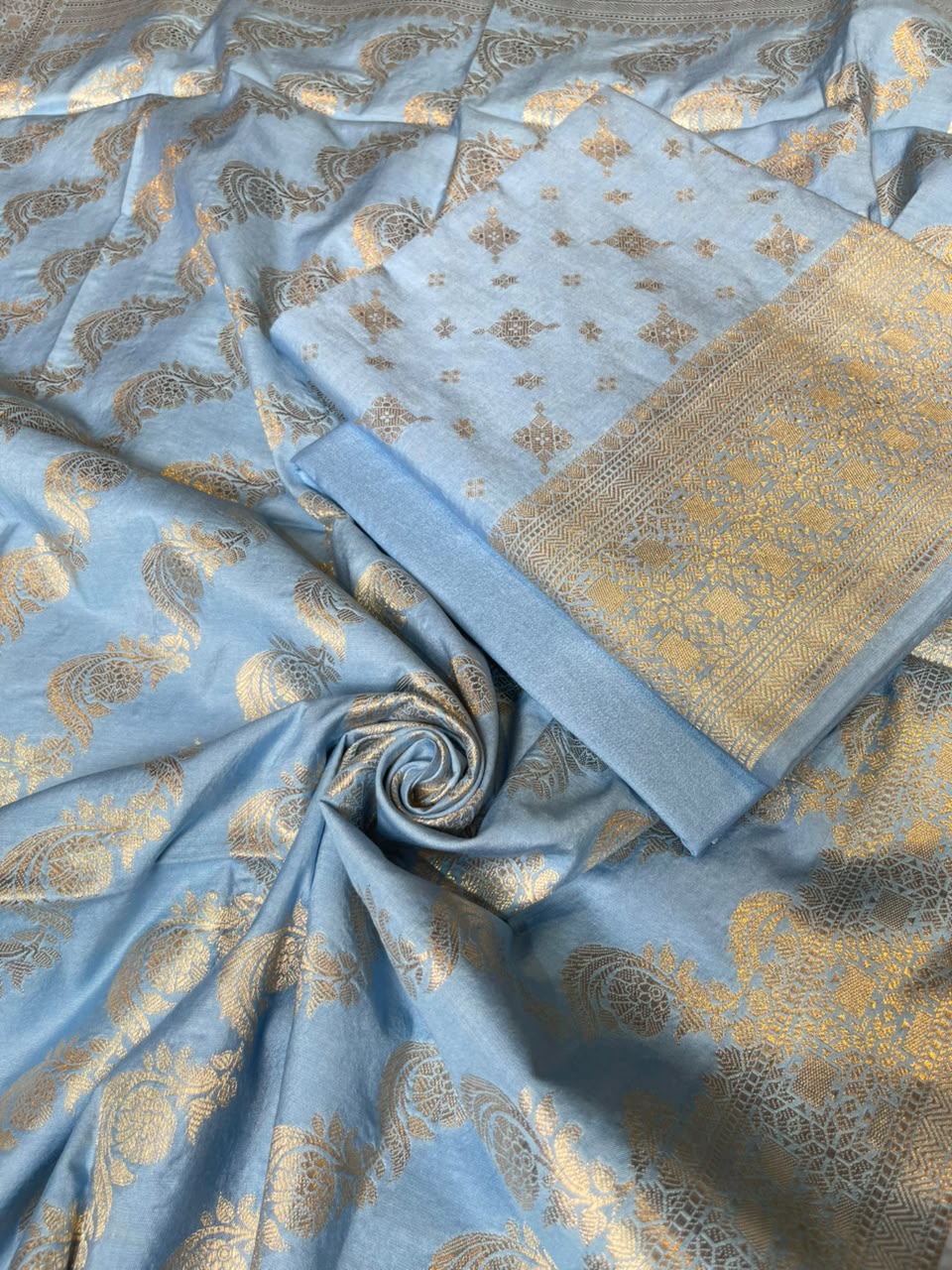 Sky Blue Semi Chiniya Silk Floral Zari Booti Banarasi Suit with Lehriya Jaal Dupatta 125DAN_SC8
