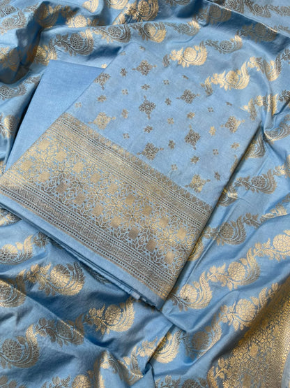 Sky Blue Semi Chiniya Silk Floral Zari Booti Banarasi Suit with Lehriya Jaal Dupatta 125DAN_SC8
