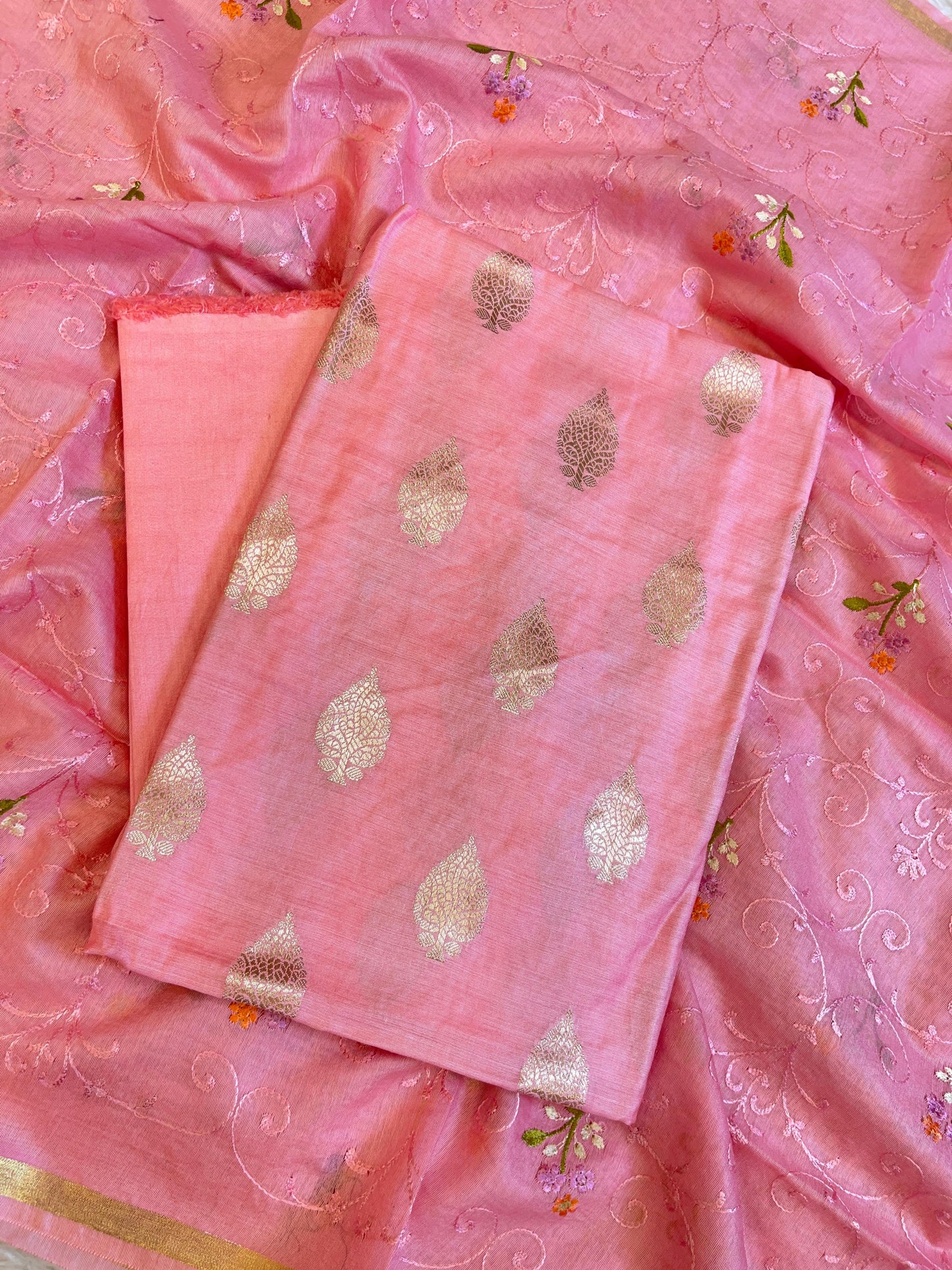 Peach Cotton Dyable Floral Zari Booti with Embroidery Resham Dupatta Banarasi Suit 125IM_DCS23
