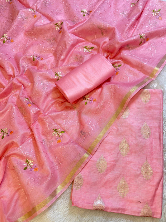 Peach Cotton Dyable Floral Zari Booti with Embroidery Resham Dupatta Banarasi Suit 125IM_DCS23