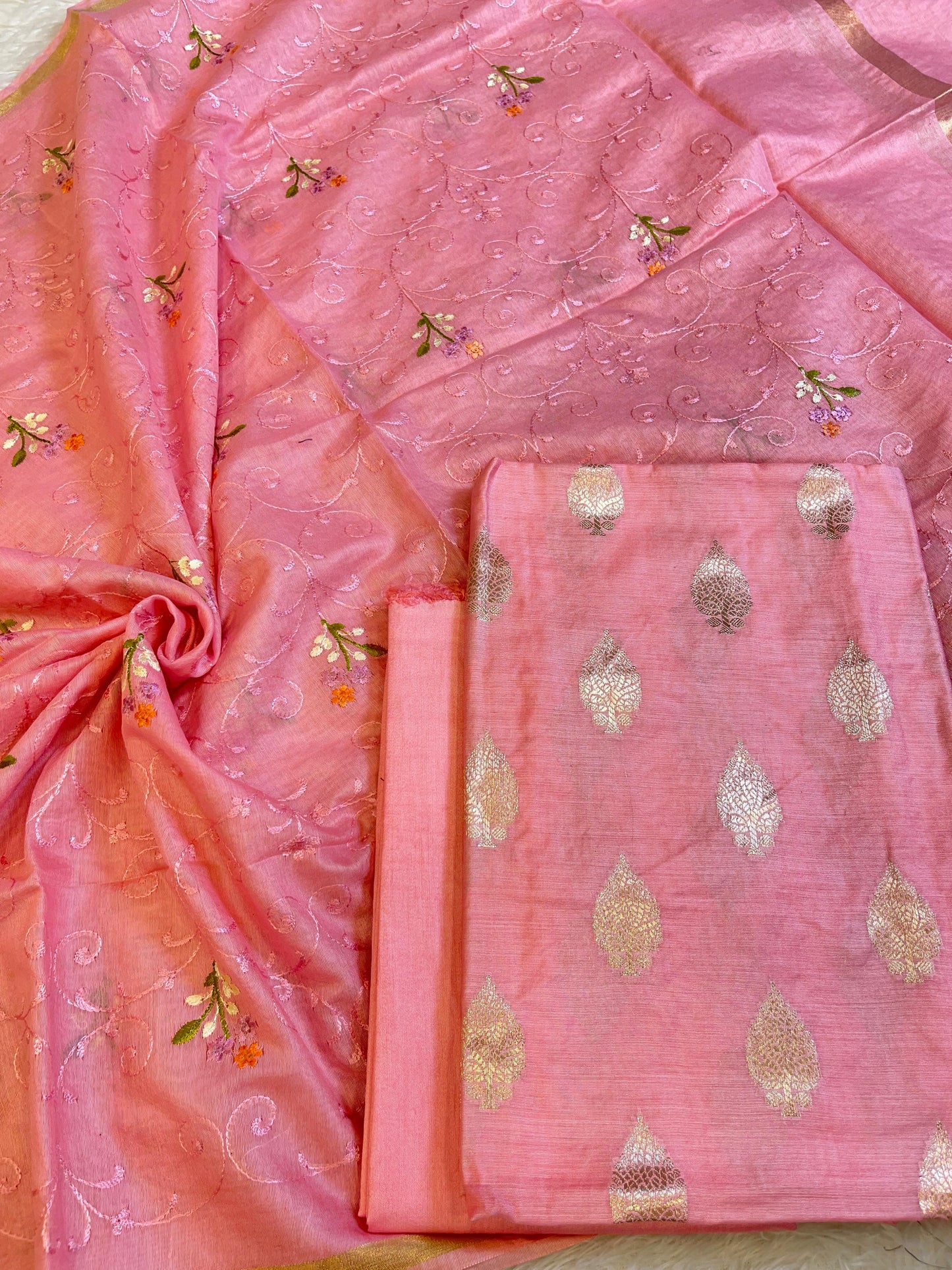 Peach Cotton Dyable Floral Zari Booti with Embroidery Resham Dupatta Banarasi Suit 125IM_DCS23