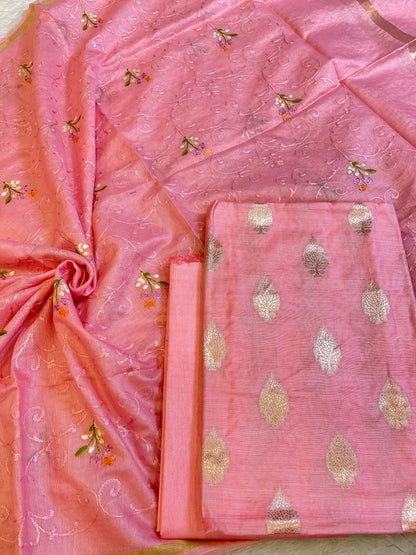 Peach Cotton Dyable Floral Zari Booti with Embroidery Resham Dupatta Banarasi Suit 125IM_DCS23