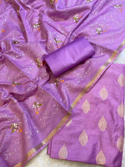 Purple Cotton Dyable Floral Zari Booti with Embroidery Resham Dupatta Banarasi Suit 125IM_DCS24