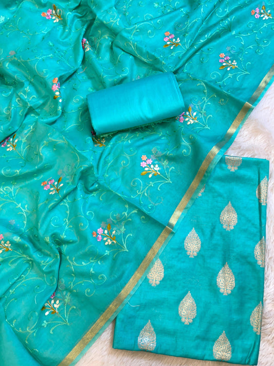 Seagreen Cotton Dyable Floral Zari Booti with Embroidery Resham Dupatta Banarasi Suit 125IM_DCS25