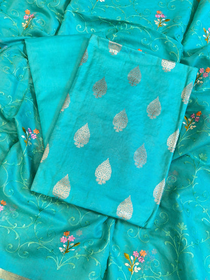 Seagreen Cotton Dyable Floral Zari Booti with Embroidery Resham Dupatta Banarasi Suit 125IM_DCS25