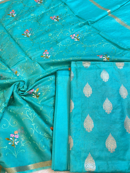 Seagreen Cotton Dyable Floral Zari Booti with Embroidery Resham Dupatta Banarasi Suit 125IM_DCS25