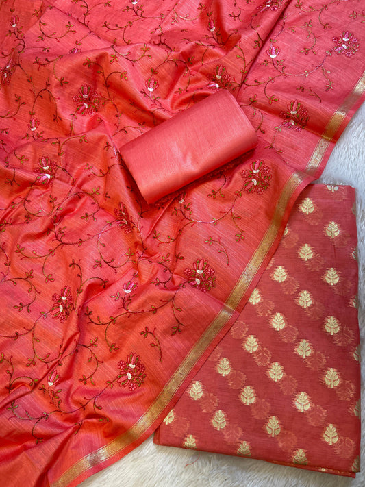 Red Mercerise Cotton Floral Zari Booti with Embroidery Dupatta Banarasi Suit 125IM_PCME1