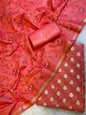 Red Mercerise Cotton Floral Zari Booti with Embroidery Dupatta Banarasi Suit 125IM_PCME1