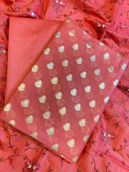 Red Mercerise Cotton Floral Zari Booti with Embroidery Dupatta Banarasi Suit 125IM_PCME1
