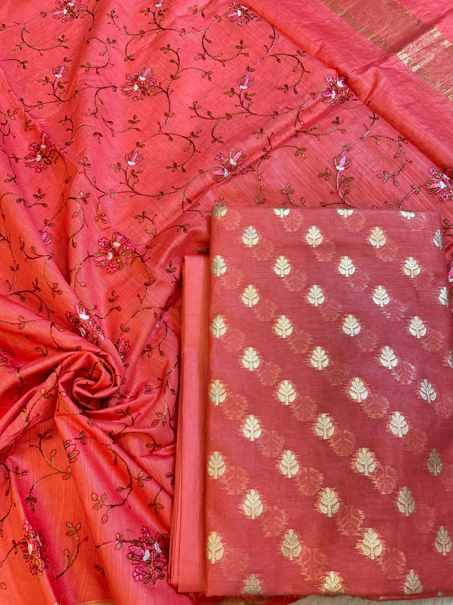 Red Mercerise Cotton Floral Zari Booti with Embroidery Dupatta Banarasi Suit 125IM_PCME1