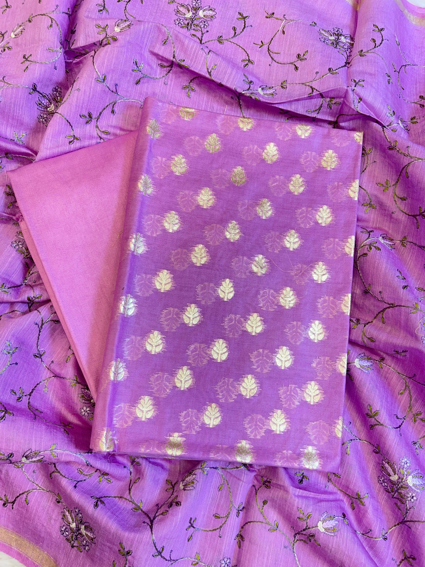 Purple Mercerise Cotton Floral Zari Booti with Embroidery Dupatta Banarasi Suit 125IM_PCME3