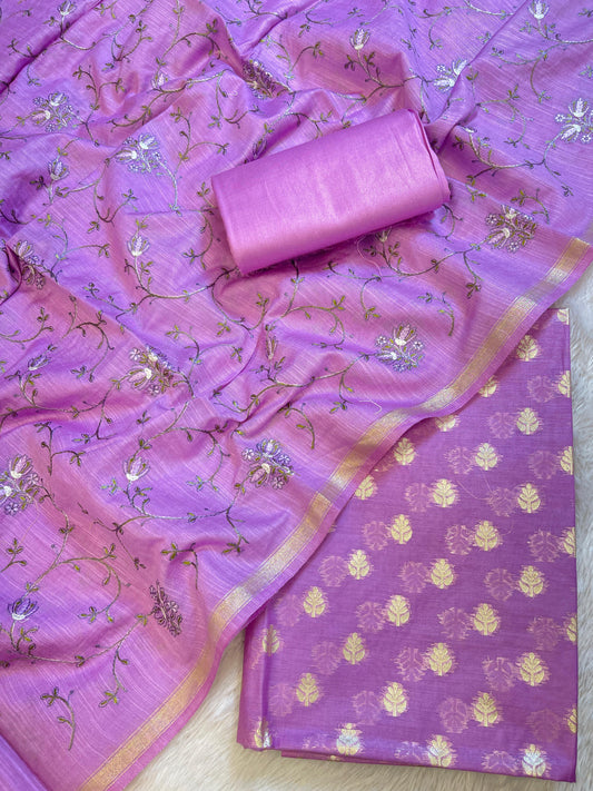 Purple Mercerise Cotton Floral Zari Booti with Embroidery Dupatta Banarasi Suit 125IM_PCME3