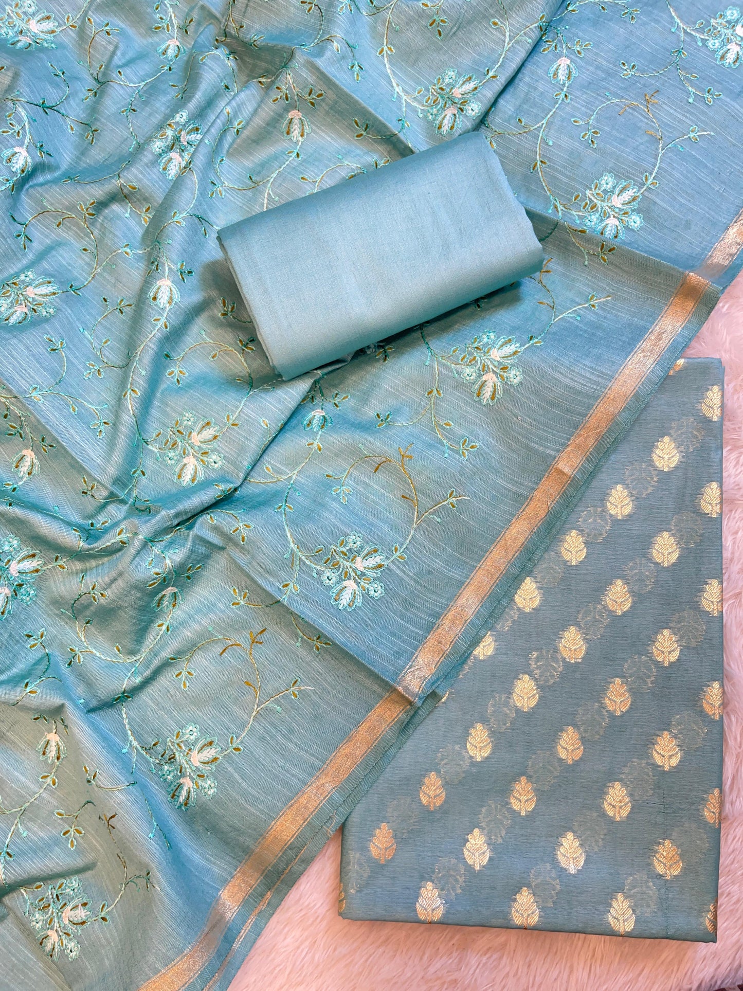 Light Blue Mercerise Cotton Floral Zari Booti with Embroidery Dupatta Banarasi Suit 125IM_PCME4