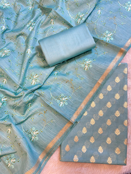 Light Blue Mercerise Cotton Floral Zari Booti with Embroidery Dupatta Banarasi Suit 125IM_PCME4
