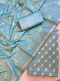 Light Blue Mercerise Cotton Floral Zari Booti with Embroidery Dupatta Banarasi Suit 125IM_PCME4