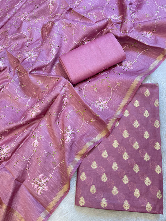 Wine Mercerise Cotton Floral Zari Booti with Embroidery Dupatta Banarasi Suit 125IM_PCME5