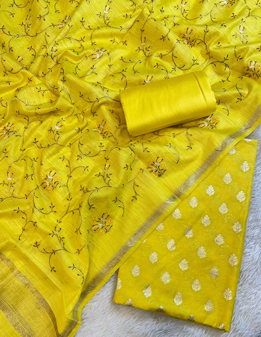 Yellow Mercerise Cotton Floral Zari Booti with Embroidery Dupatta Banarasi Suit 125IM_PCME6