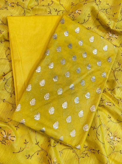 Yellow Mercerise Cotton Floral Zari Booti with Embroidery Dupatta Banarasi Suit 125IM_PCME6