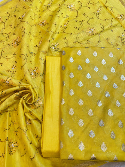 Yellow Mercerise Cotton Floral Zari Booti with Embroidery Dupatta Banarasi Suit 125IM_PCME6