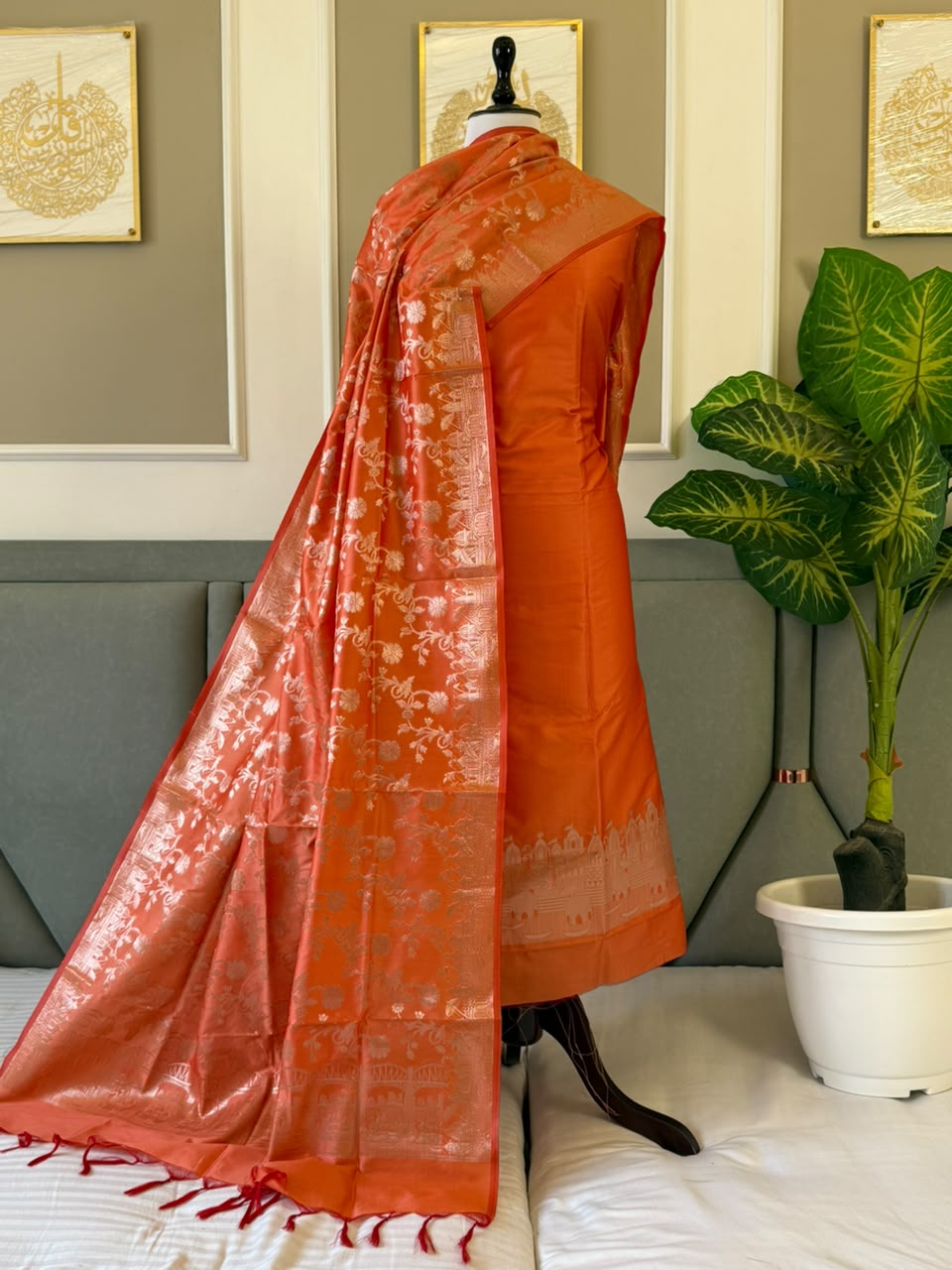 Rust Orange Silk Zari Temple Daman Banarasi Suit With Floral Zari Jaal Dupatta 125PNJ_SL1