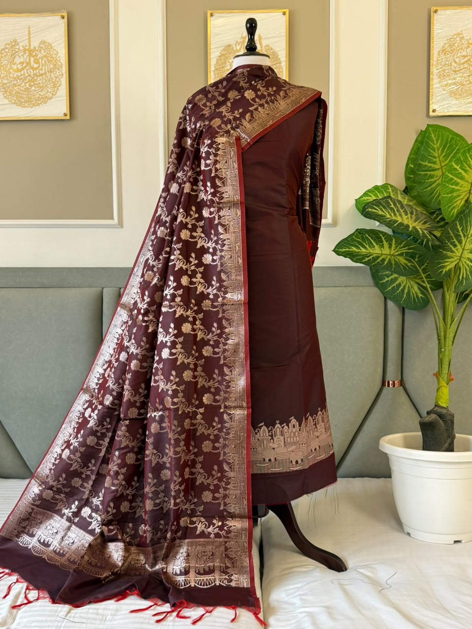 Deep Wine Silk Zari Temple Daman Banarasi Suit With Floral Zari Jaal Dupatta 125PNJ_SL2