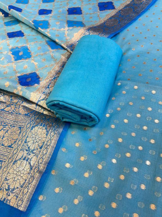 Blue Mercerise Silk Chunri Zari Booti Banarasi Suit with Rangkaat Dupatta 125SKL_MSRS1