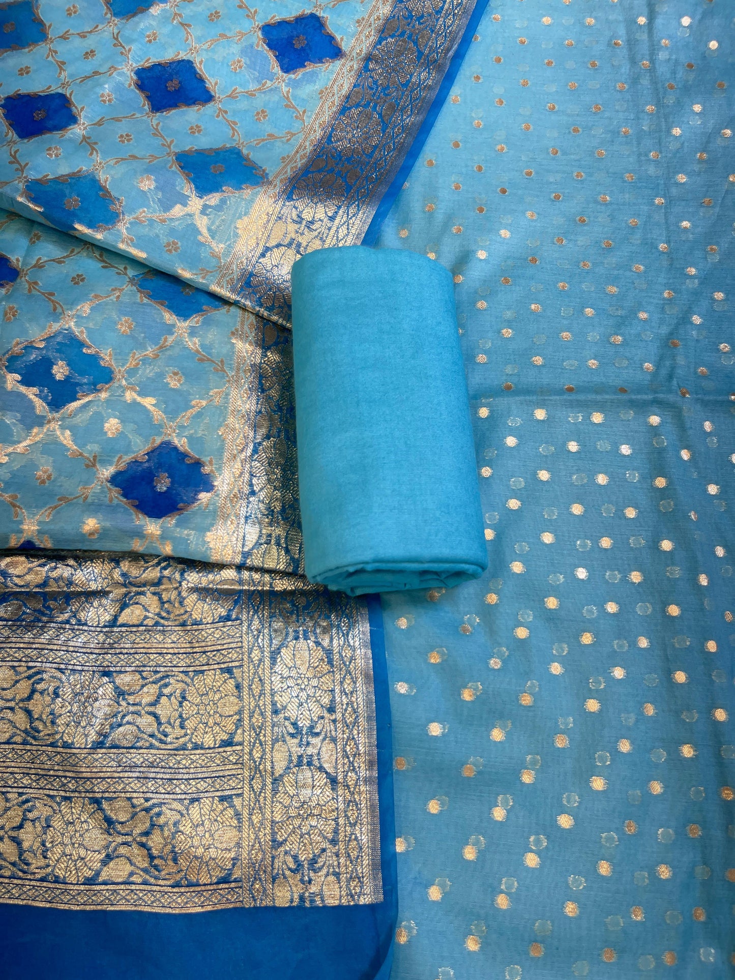 Blue Mercerise Silk Chunri Zari Booti Banarasi Suit with Rangkaat Dupatta 125SKL_MSRS1