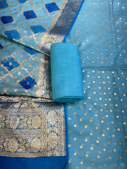 Blue Mercerise Silk Chunri Zari Booti Banarasi Suit with Rangkaat Dupatta 125SKL_MSRS1
