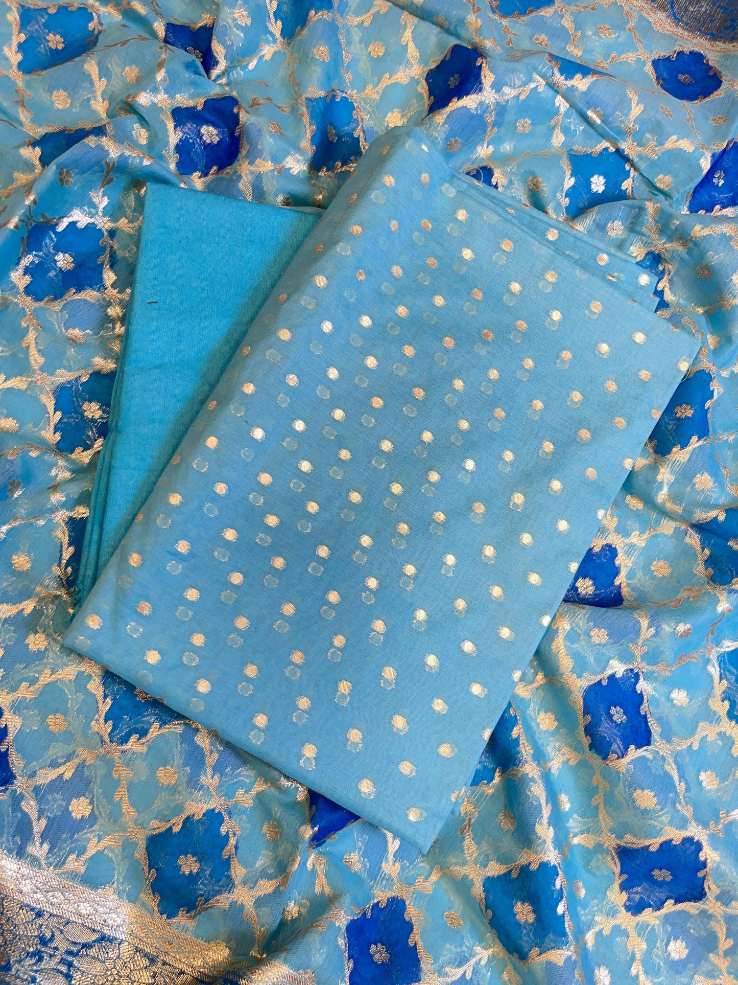 Blue Mercerise Silk Chunri Zari Booti Banarasi Suit with Rangkaat Dupatta 125SKL_MSRS1