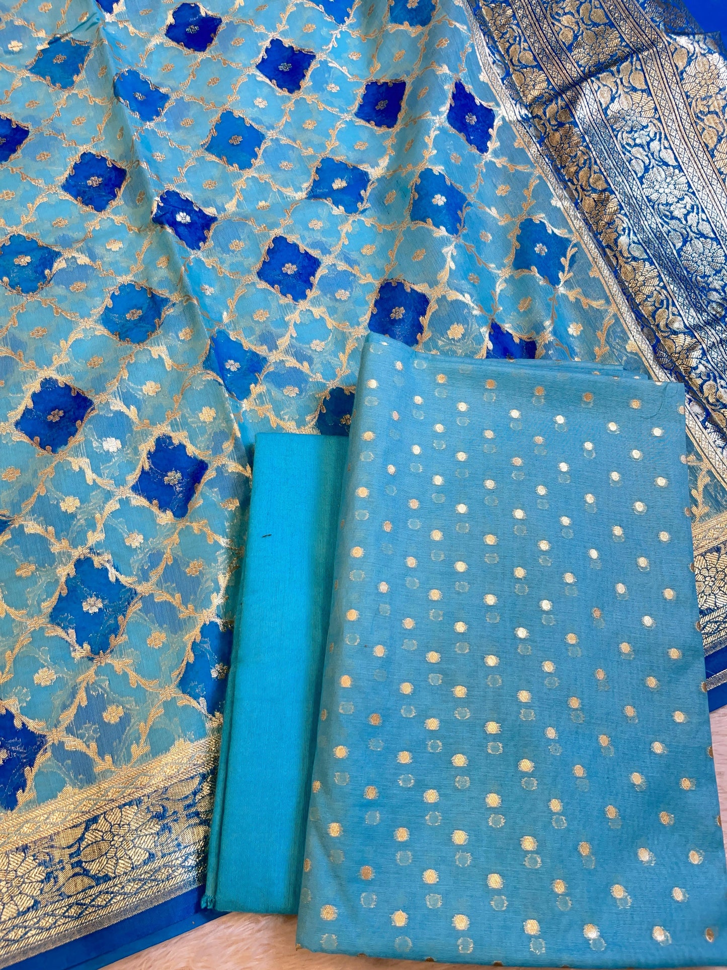 Blue Mercerise Silk Chunri Zari Booti Banarasi Suit with Rangkaat Dupatta 125SKL_MSRS1