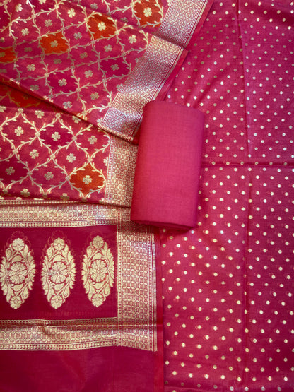 Dark Pink Mercerise Silk Chunri Zari Booti Banarasi Suit with Rangkaat Dupatta 125SKL_MSRS4