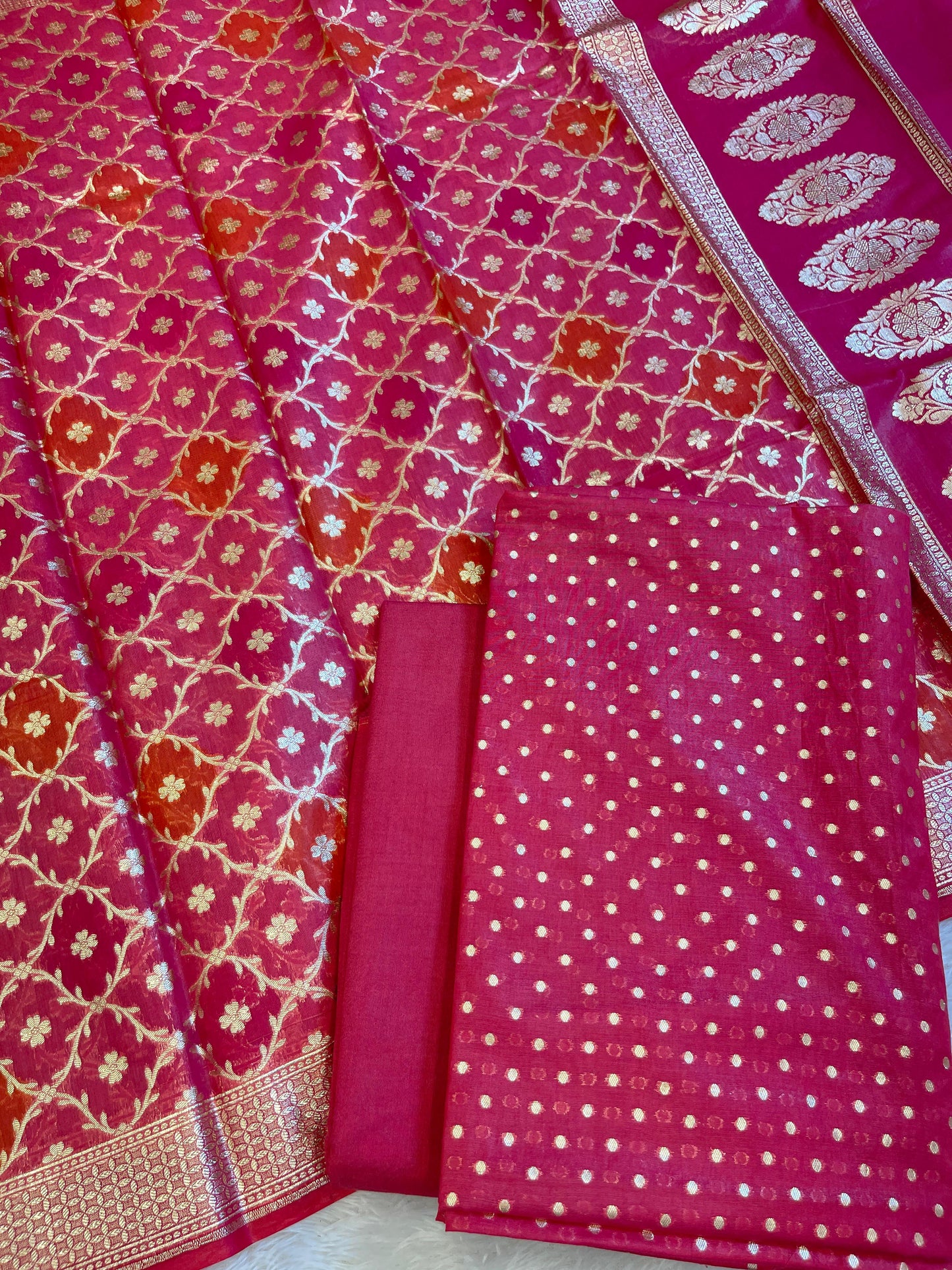 Dark Pink Mercerise Silk Chunri Zari Booti Banarasi Suit with Rangkaat Dupatta 125SKL_MSRS4