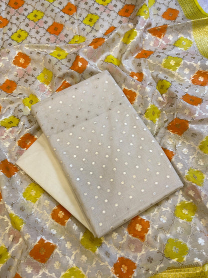 Off white Mercerise Silk Chunri Zari Booti Banarasi Suit with Rangkaat Dupatta 125SKL_MSRS5