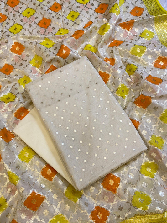 Off white Mercerise Silk Chunri Zari Booti Banarasi Suit with Rangkaat Dupatta 125SKL_MSRS5