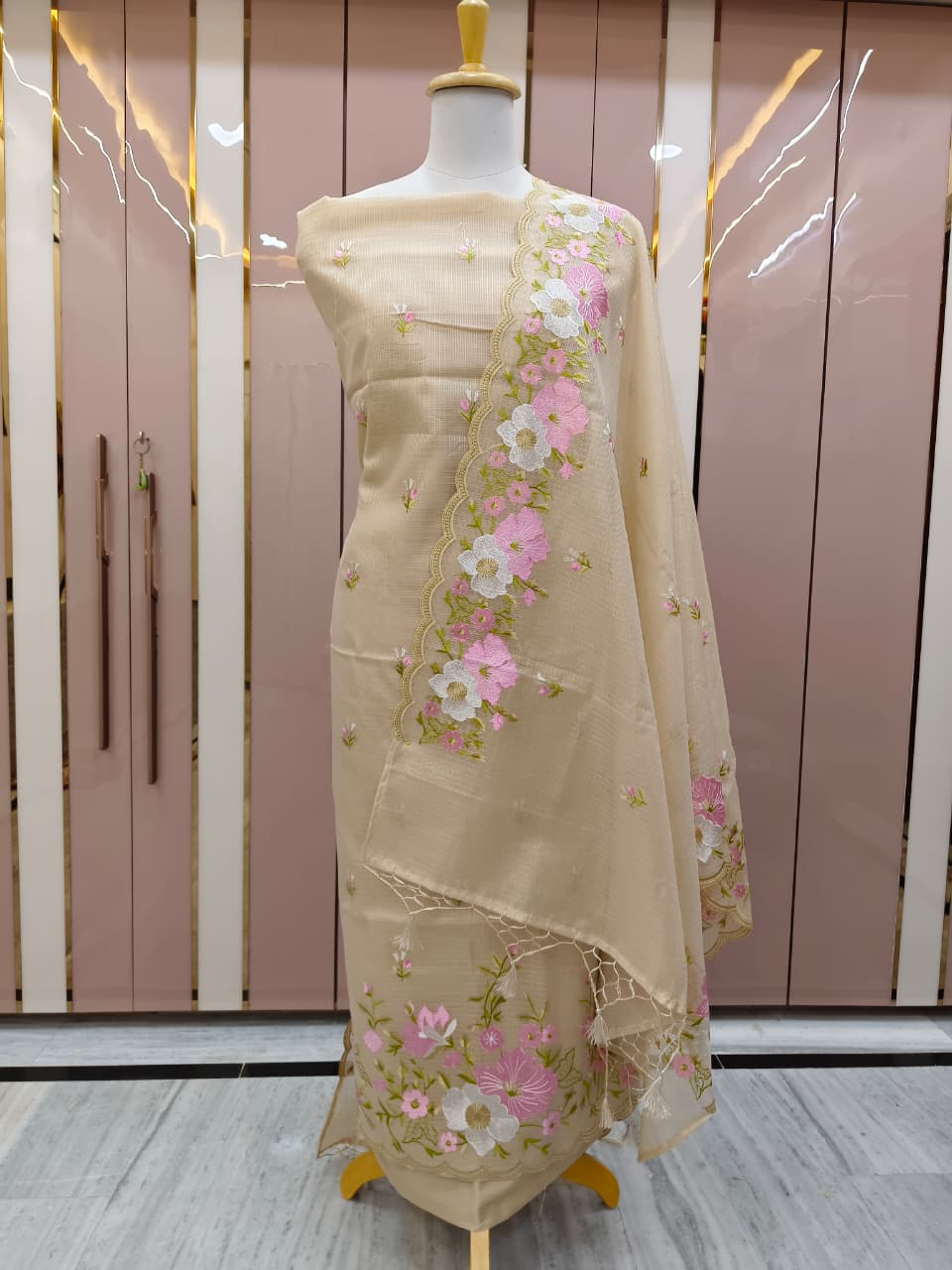 Light Brown Kota Check Multi Resham Embroidery Banarasi Suit with Cutwork Dupatta 12JJ_KC10