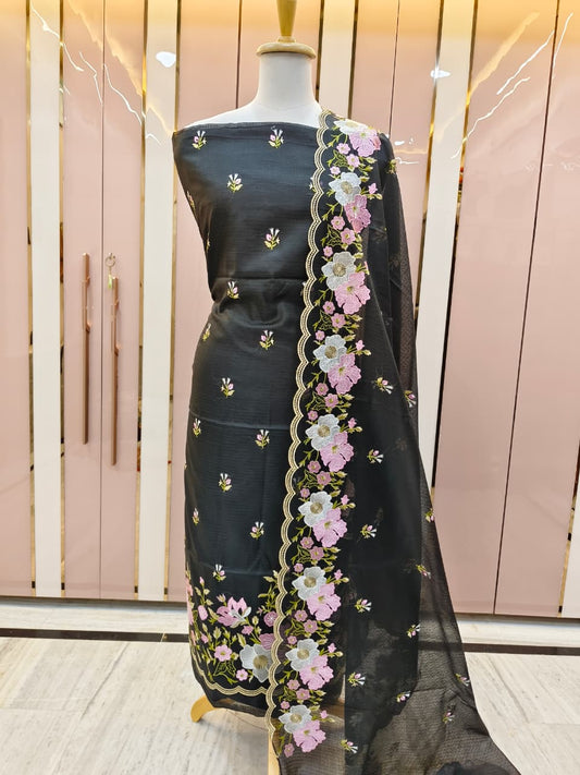 Black Kota Check Multi Resham Embroidery Banarasi Suit with Cutwork Dupatta12JJ_KC2