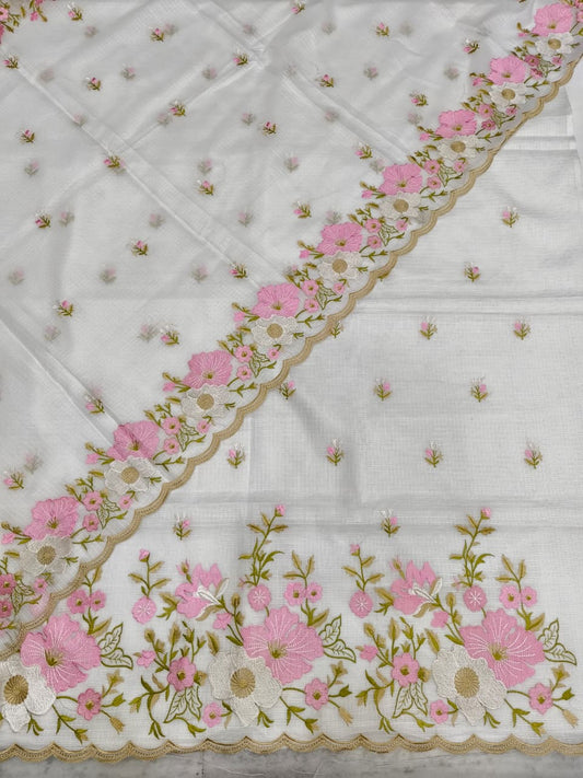 White Kota Check Multi Resham Embroidery Banarasi Suit with Cutwork Dupatta12JJ_KC3