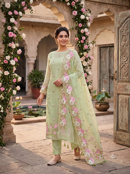 Pista Green Kota Check Multi Resham Embroidery Banarasi Suit with Cutwork Dupatta 12JJ_KC4