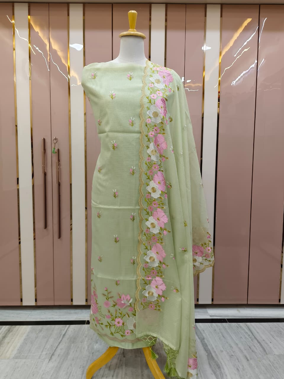 Pista Green Kota Check Multi Resham Embroidery Banarasi Suit with Cutwork Dupatta 12JJ_KC4