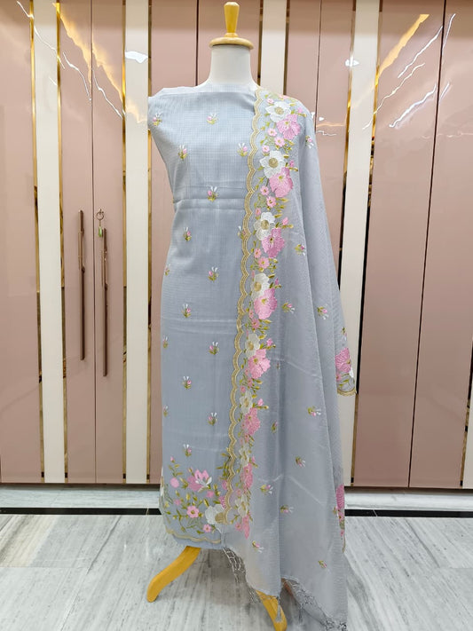 Grey Kota Check Multi Resham Embroidery Banarasi Suit with Cutwork Dupatta12JJ_KC6