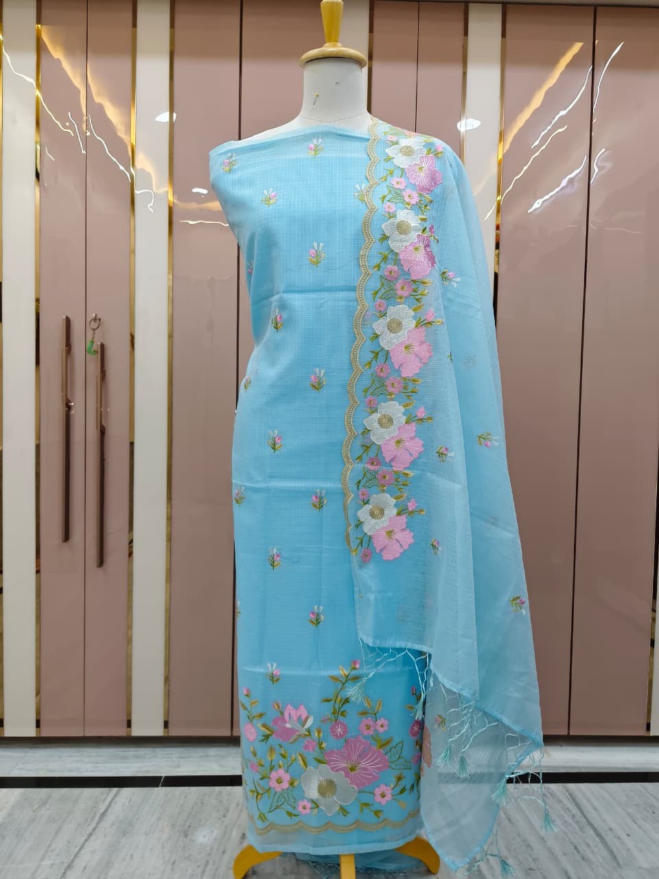 Sky Blue Kota Check Multi Resham Embroidery Banarasi Suit with Cutwork Dupatta 12JJ_KC7