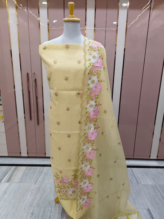 Yellow Kota Check Multi Resham Embroidery Banarasi Suit with Cutwork Dupatta12JJ_KC9
