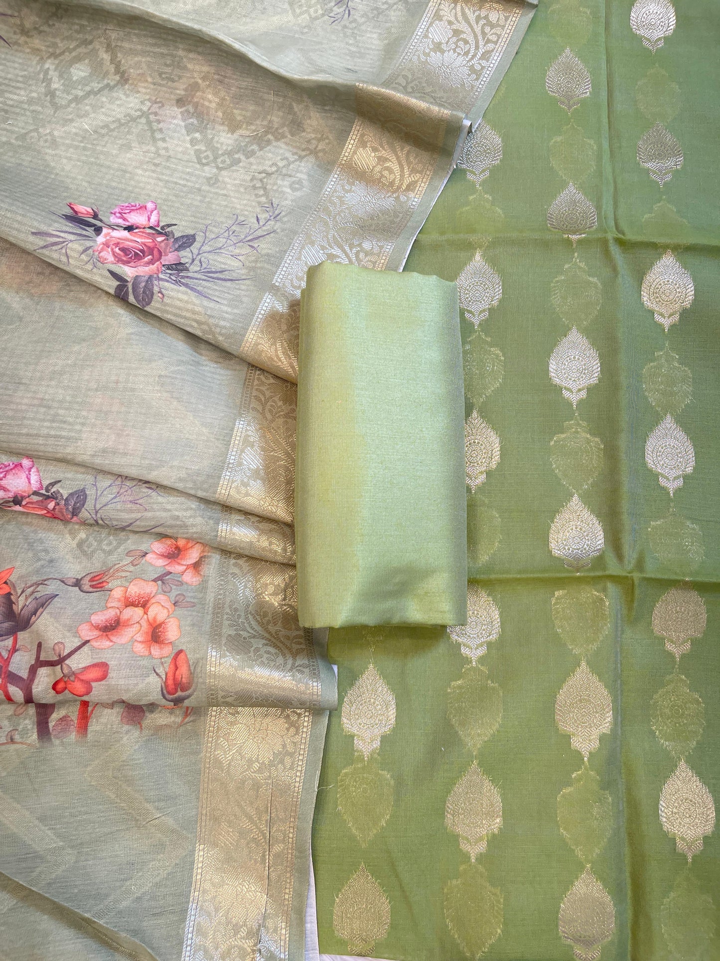 Pista Green Floral Zari Booti with Digital Print Dupatta Banarasi Suit 12SHL_CP1