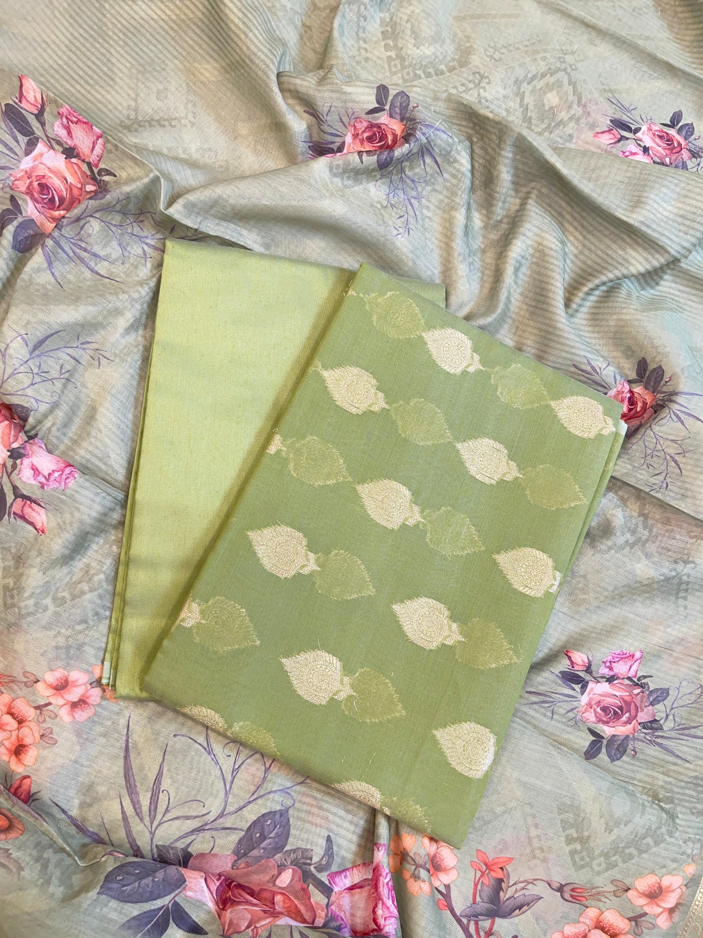 Pista Green Floral Zari Booti with Digital Print Dupatta Banarasi Suit 12SHL_CP1