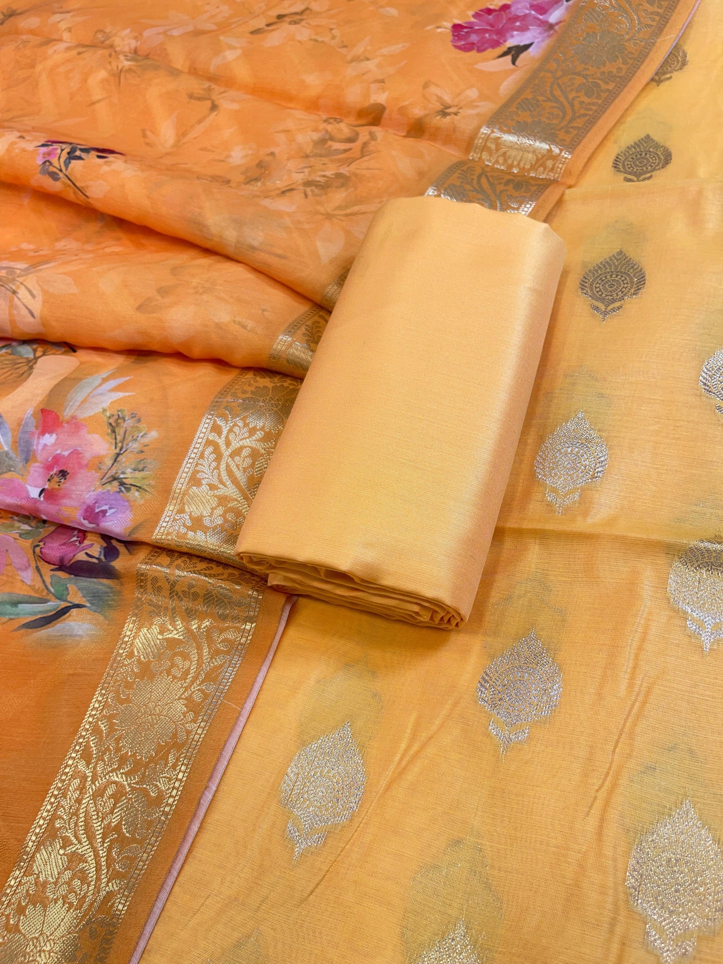 Orange Floral Zari Booti with Digital Print Dupatta Banarasi Suit 12SHL_CP3