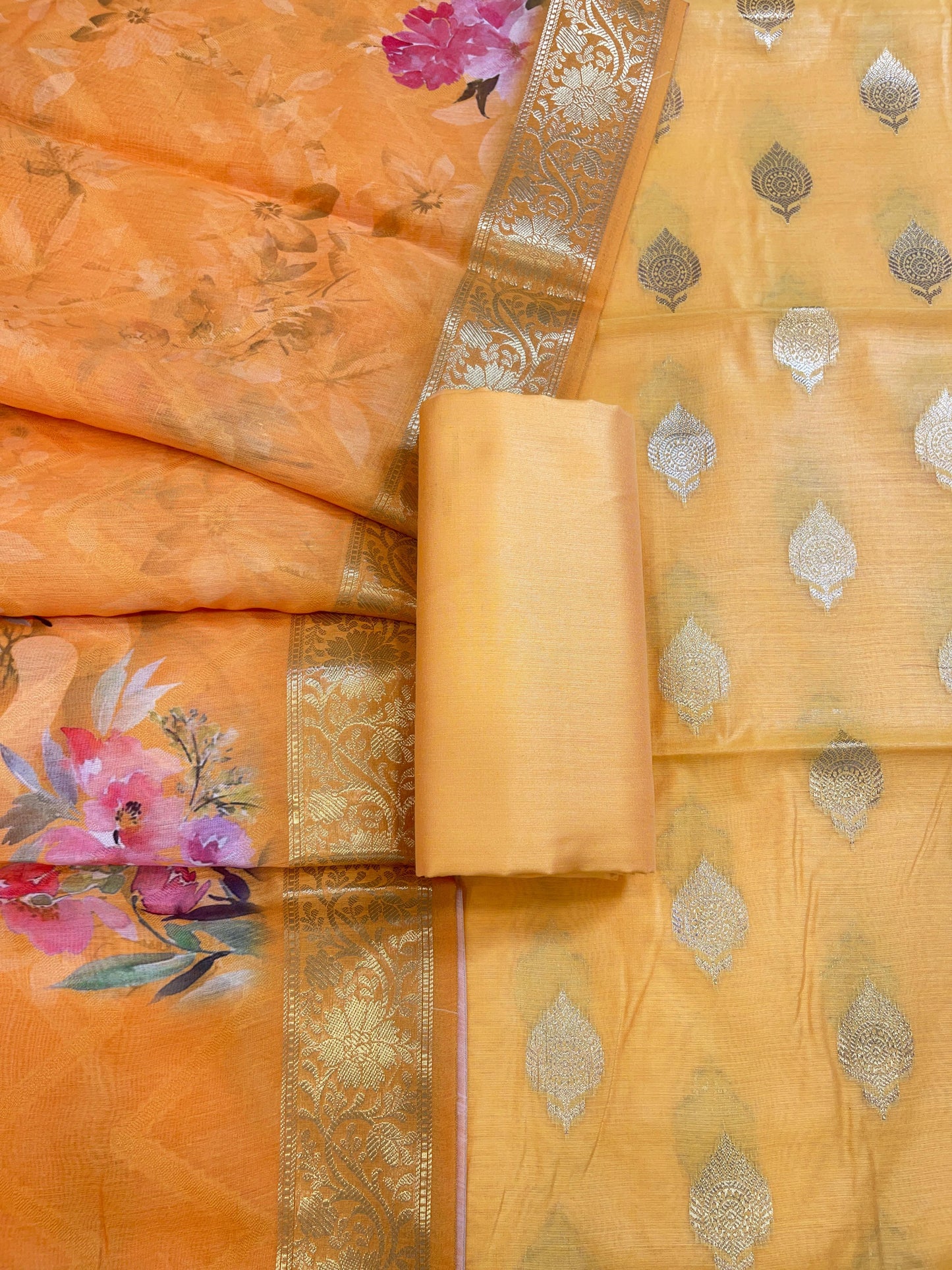Orange Floral Zari Booti with Digital Print Dupatta Banarasi Suit 12SHL_CP3