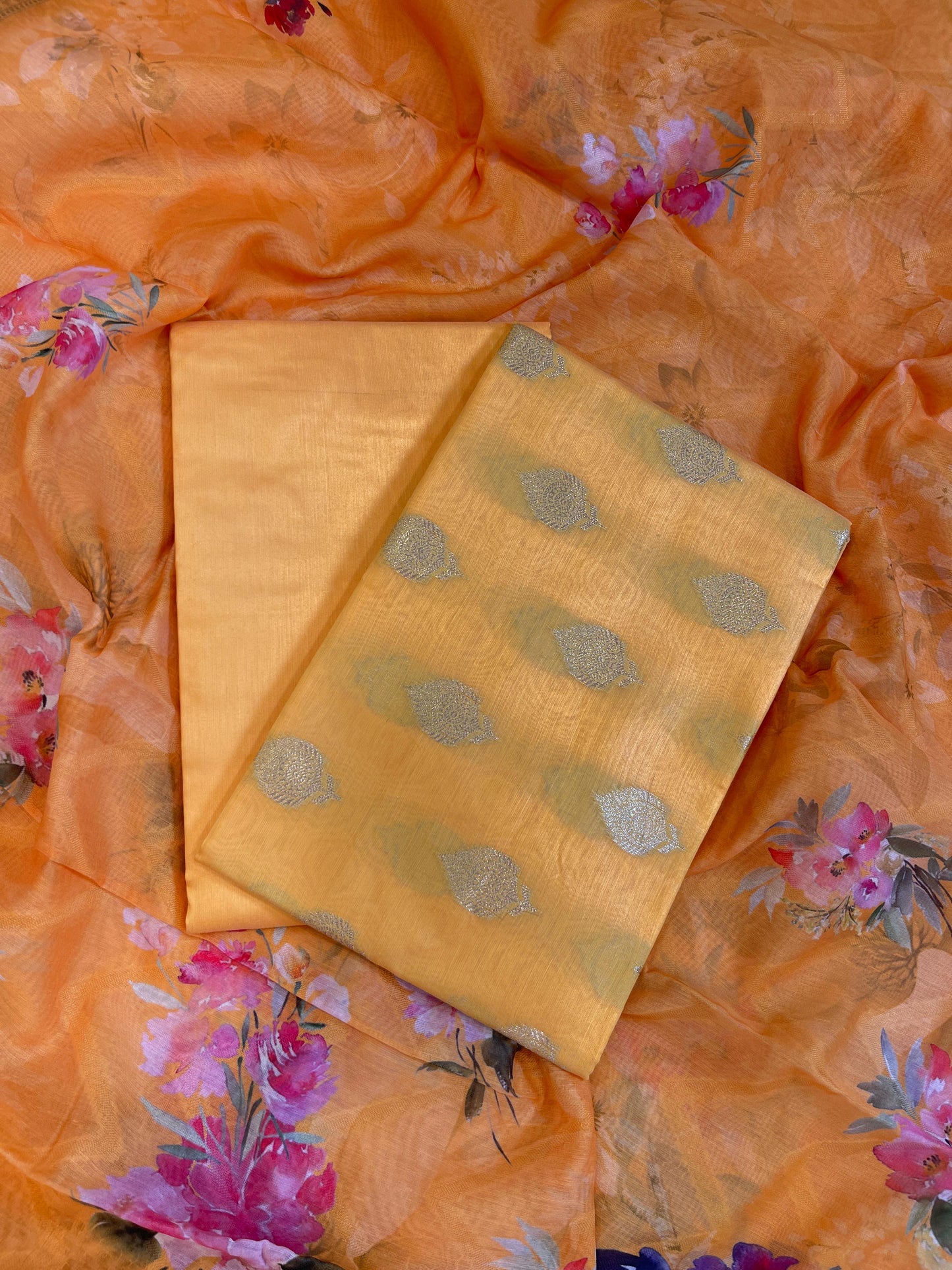Orange Floral Zari Booti with Digital Print Dupatta Banarasi Suit 12SHL_CP3