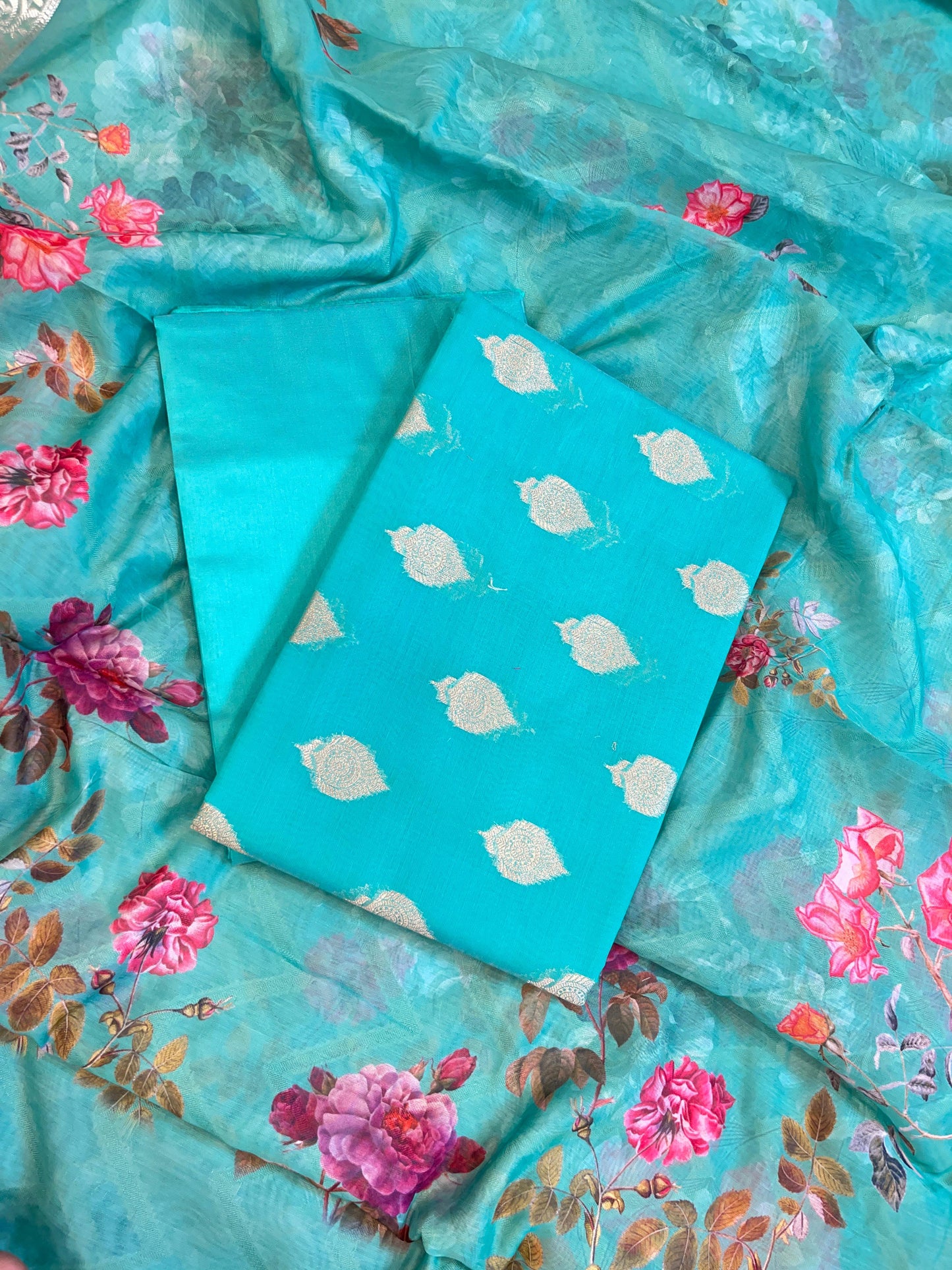 Blue Floral Zari Booti with Digital Print Dupatta Banarasi Suit 12SHL_CP5