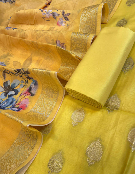 Yellow Floral Zari Booti with Digital Print Dupatta Banarasi Suit 12SHL_CP6