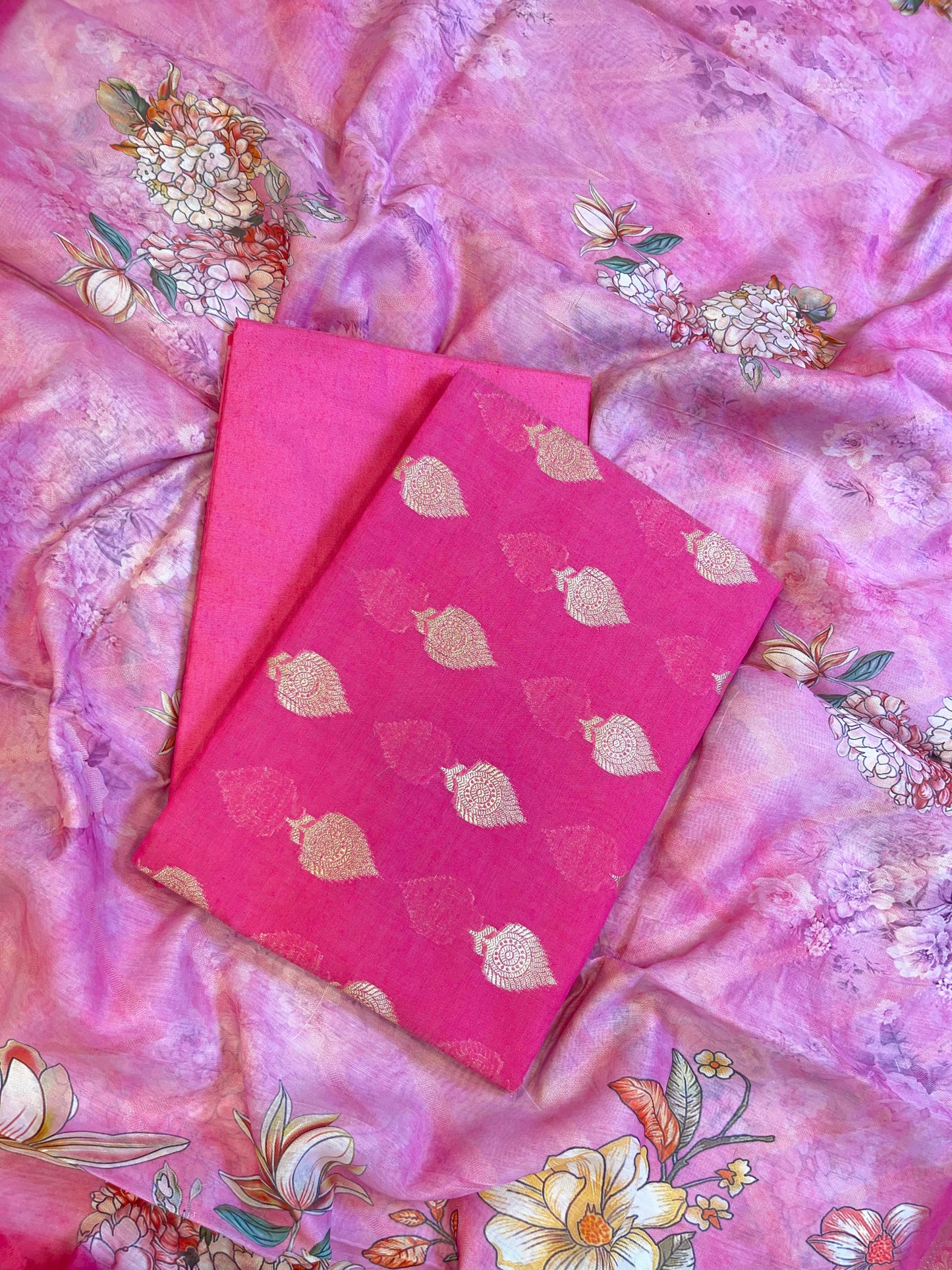 Dark Pink Floral Zari Booti with Digital Print Dupatta Banarasi Suit 12SHL_CP8